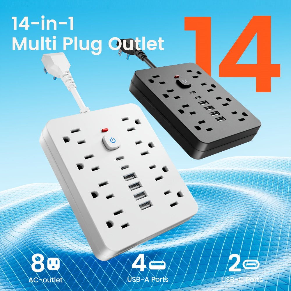 14-in-1 Power Strip with Surge Protector – 8 AC Outlets & 6 USB Ports (2 USB-C), Flat Plug Space-Saving Design, Overload Protection for Home Office School, Available in Black & White