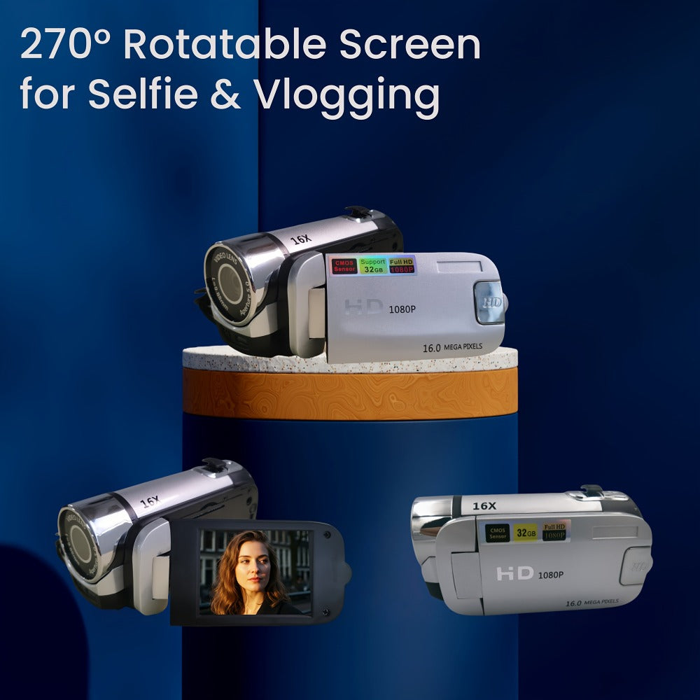 Portable 1080P Digital Camcorder with Rotating Screen & 32G Memory Card | Rechargeable Battery, Selfie Support, Compact Travel Video Camera for Vlogging, Family Gatherings & Everyday Recording