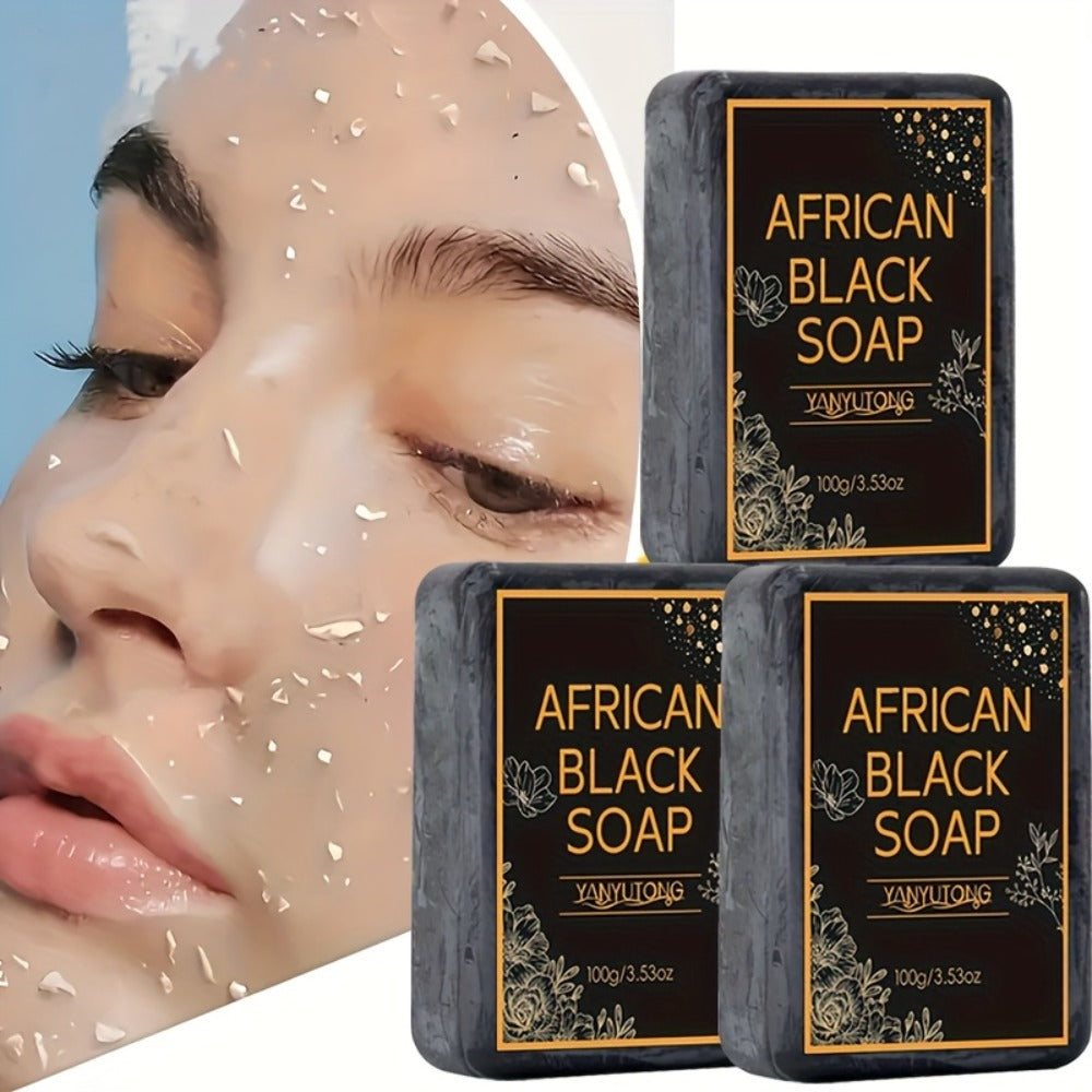 African Black Soap Bar 3-Pack 100g Each with Shea Butter & Coconut Oil — Deep Cleansing Moisturizing Face & Body Wash, Alcohol-Free Natural Soap for Acne, Dry, Oily & Sensitive Skin | All Skin Types