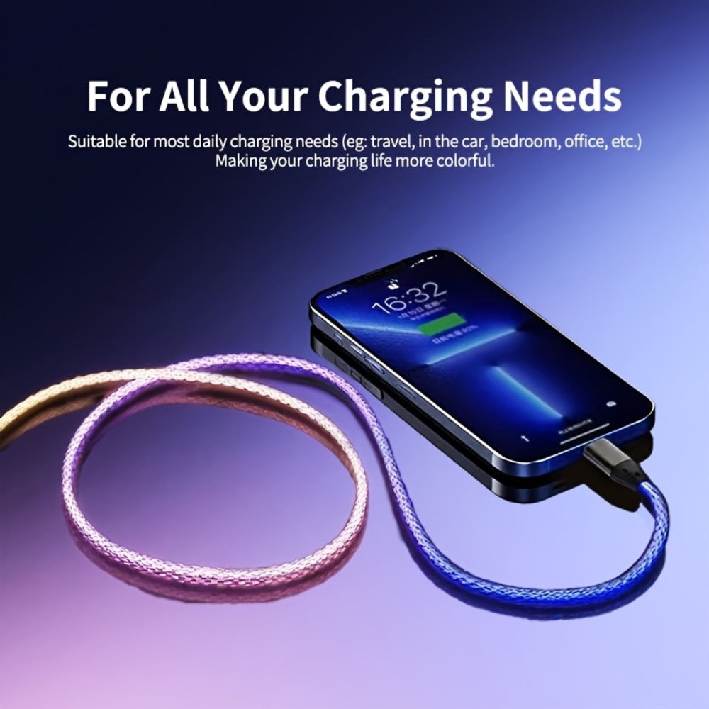 3-in-1 Braided Charging Cable with LED RGB Light, Universal Multi Charger Cord with Lightning, USB-C and Micro USB, Compatible with iPhone, Samsung, Android, iPad and Most Phones