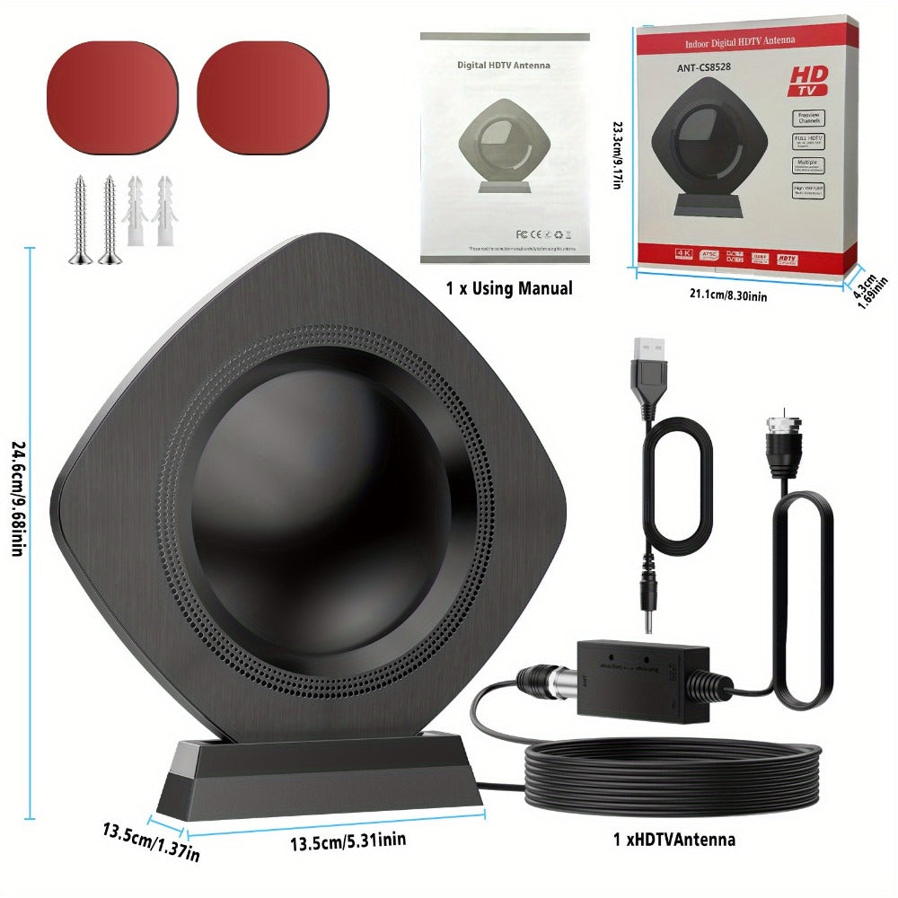 360° Omnidirectional Indoor TV Antenna 200 Mile Range – Amplified Digital HDTV, Ultra-Thin Flat Design, 4K 1080p HD, Smart TV RV Travel Compatible, Long Coaxial Cable Included