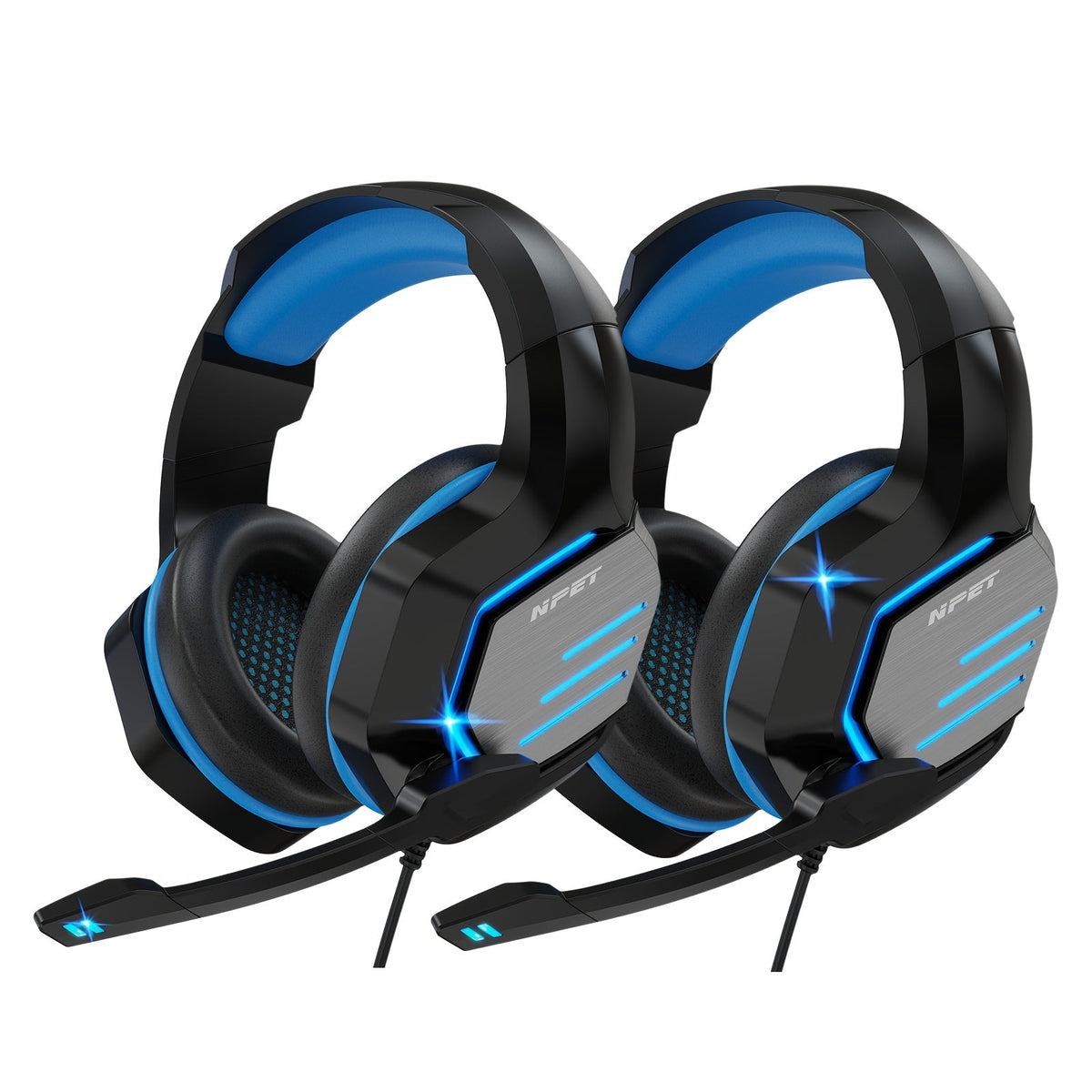 NPET Gaming Headset PS4 PS5 Xbox One PC Noise Cancelling Mic Stereo Over-Ear Headphones Blue LED Bass Surround Sound Soft Memory Earmuffs Wired 1-Pack 2-Pack Bundle