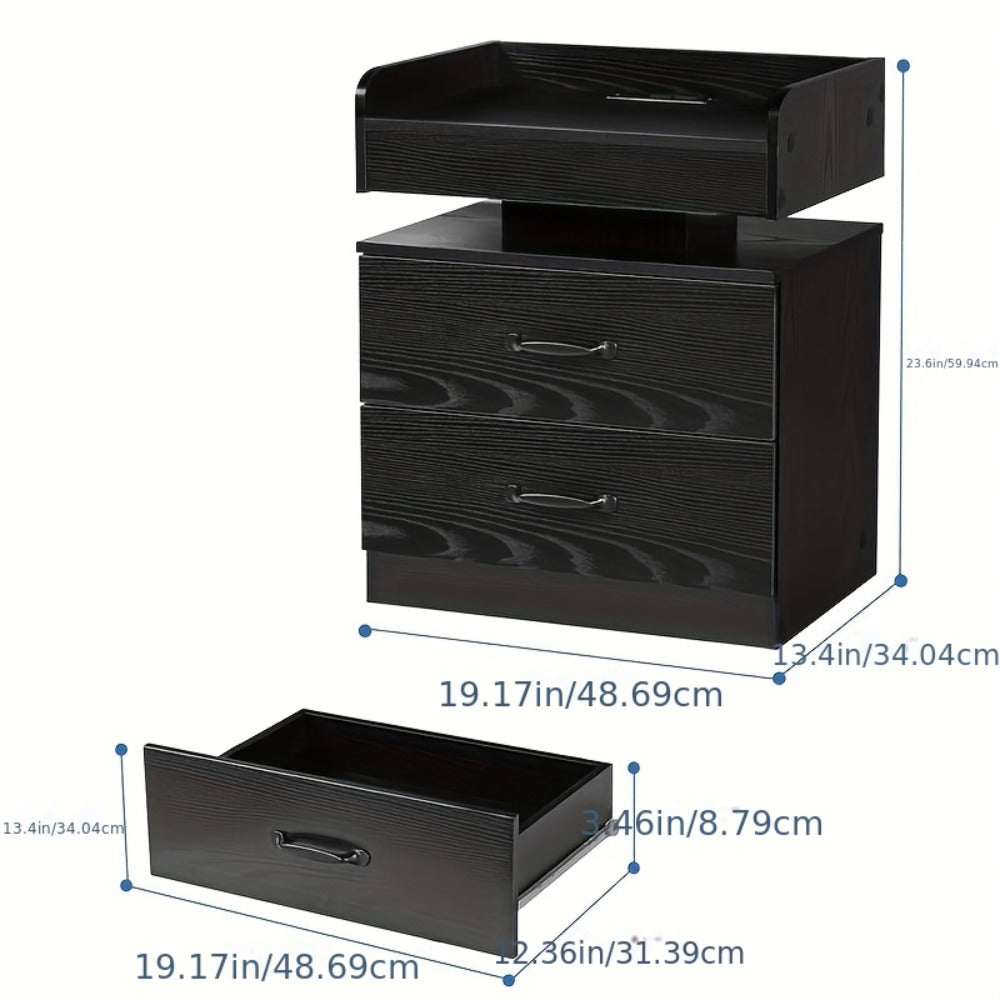Wooden Nightstand with LED Ambient Light & Charging Station – Fabric Drawer, Blue Glow, Modern Bedside Table for Bedroom Living Room End Table, Black or White (Single or 2-Pack)