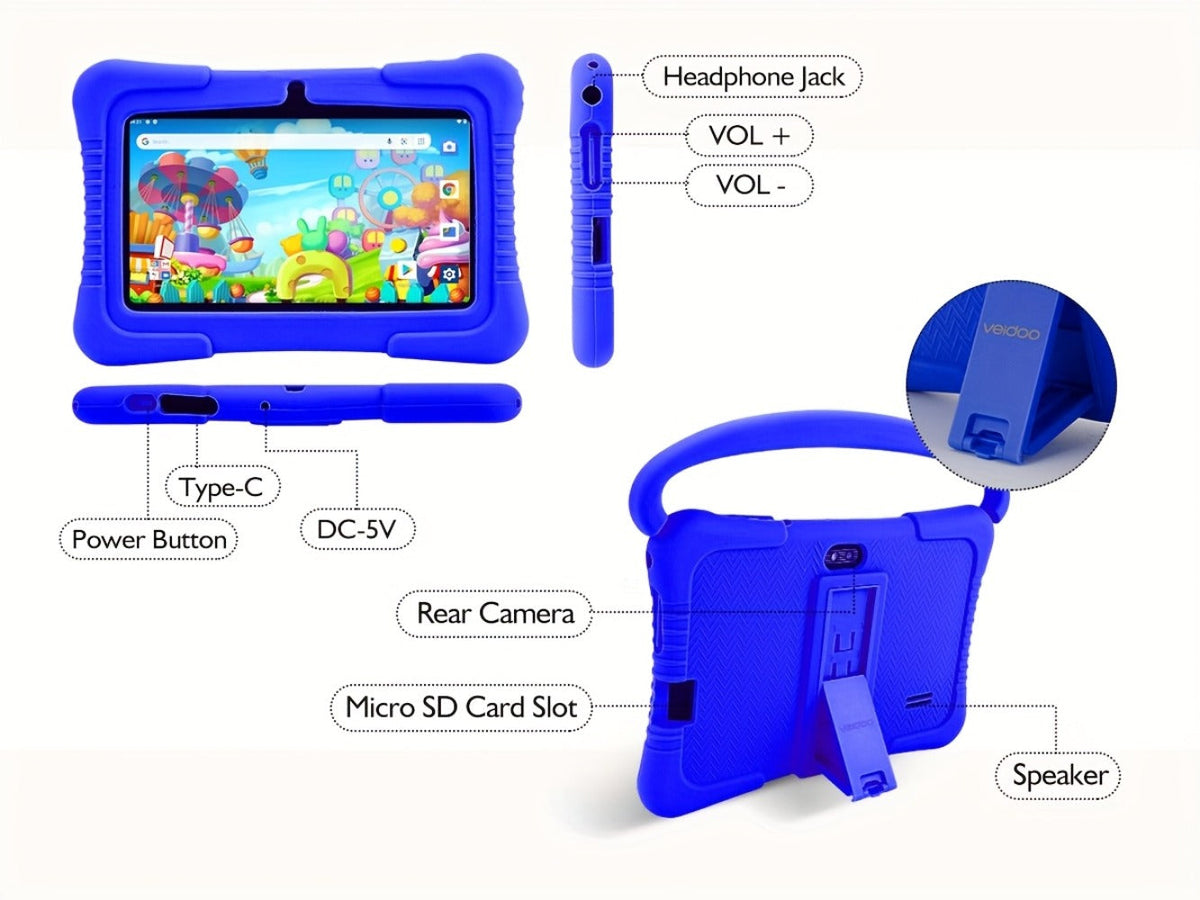 Kids Tablet 7 Inch Android with Parental Controls, Dual Camera & Silicone Case – 2GB RAM, 16/32GB Storage, WiFi, Eye Protection Screen, Educational Gift for Boys & Girls Ages 3-10