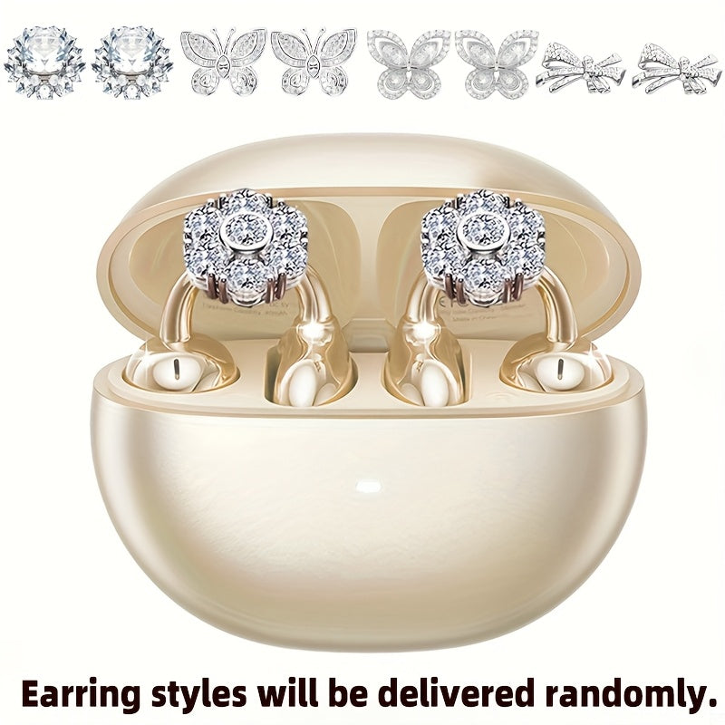 Clip On Wireless Earbuds Open Ear Bluetooth Headphones with Detachable Gemstone Earrings ANC Noise Reduction HD Stereo Hands-Free for Sports Exercise Work Study Outdoors