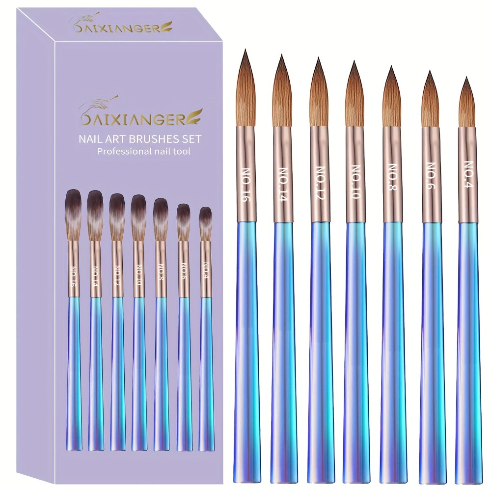 Nail Art Brush Set 7Pcs Aurora Blue Handle – Professional Acrylic Gel UV Nail Painting Brushes for Sculpting Dotting Liner Drawing & Extension Building, Formaldehyde-Free Bristles for Salon & Home DIY Manicure