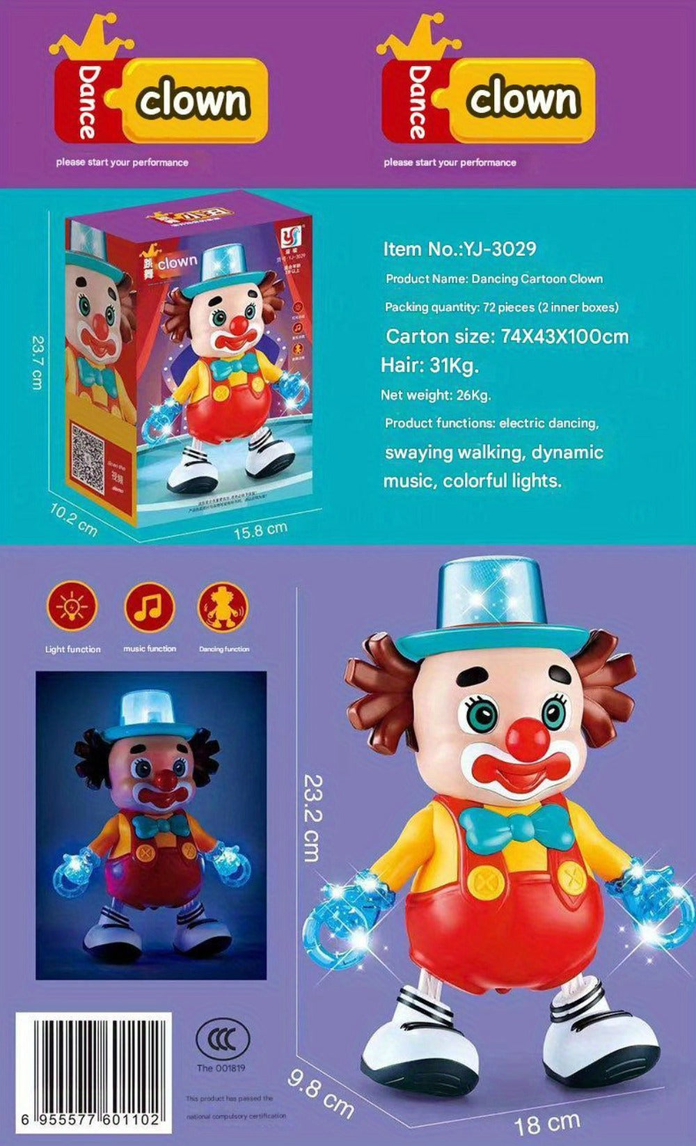 Dancing Clown Toy Doll with Light & Music, Swinging Fidget Toy for Kids Boys & Girls, Funny Weird Halloween Decoration, Christmas Birthday Gift for Children Ages 3+