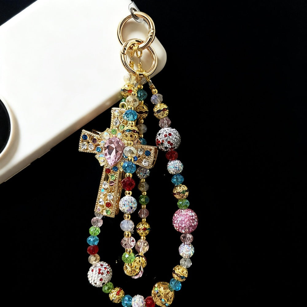 Crystal Cross Phone Chain Keychain Luxury Rhinestone Bling Bag Charm Pendant – Shining Mini Bag Chain Fashion Accessory for Women Colorful Glamour Jewelry Gift