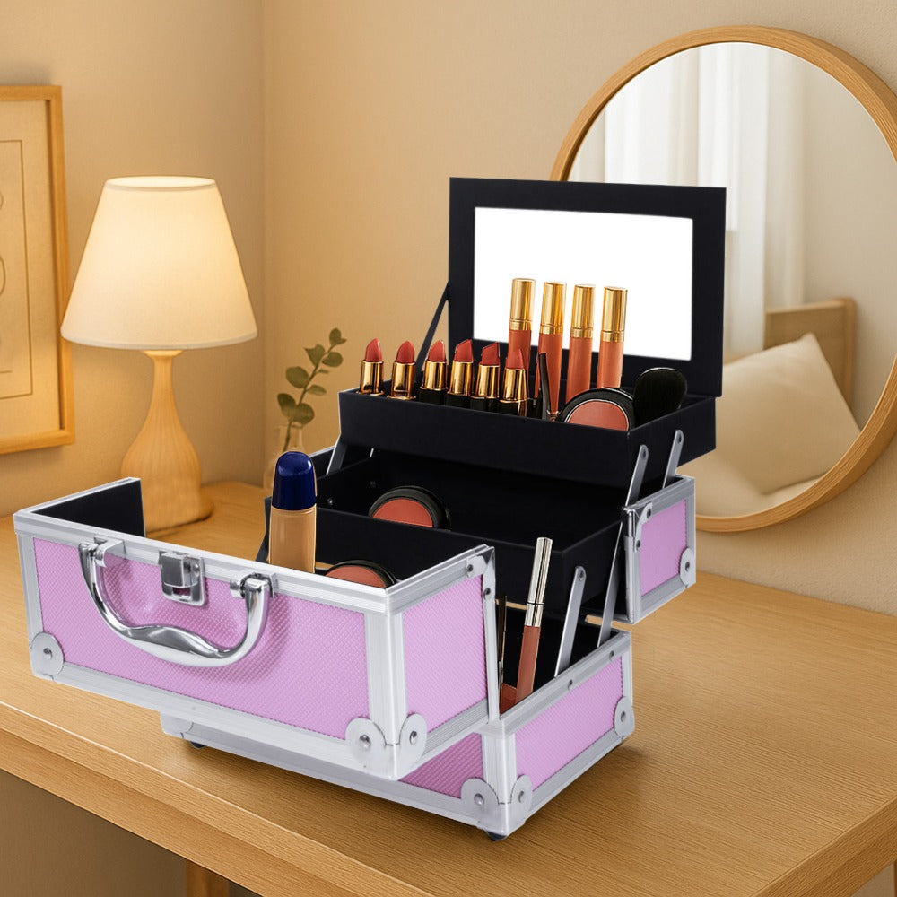 Aluminum Makeup Train Case with Wheels Large Capacity Lockable Cosmetic Trolley Organizer Adjustable Dividers Retractable Handle for Makeup Artists Salon Travel Black Silver Pink Beauty Gift