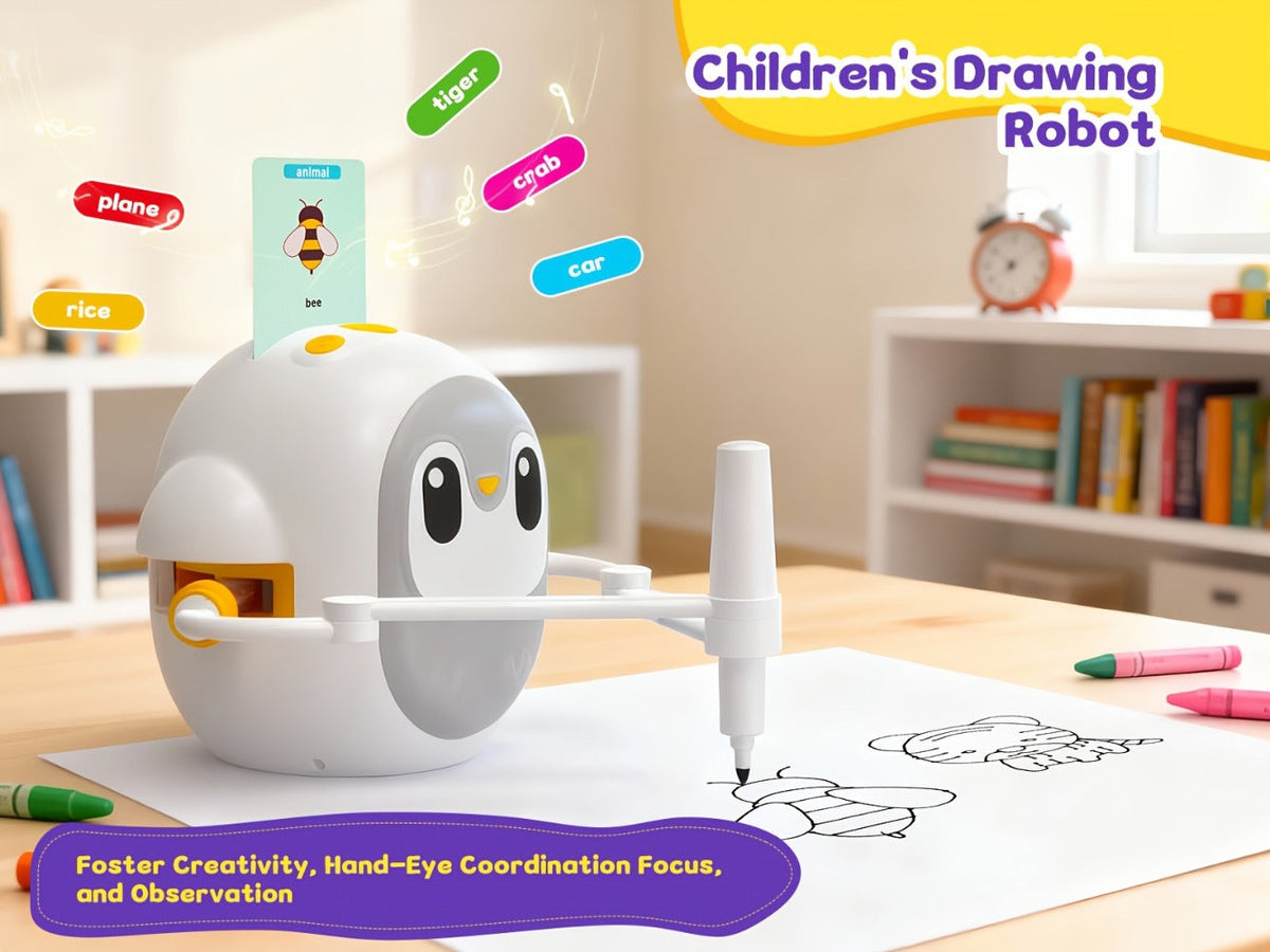 Drawing Robot for Kids Penguin, 200 Learning Cards & 12 Color Pens, STEM Art Educational Toy, Screen-Free Interactive Drawing Game, Step-by-Step Lessons for Boys & Girls Ages 3+, USB Charging, Birthday Gift
