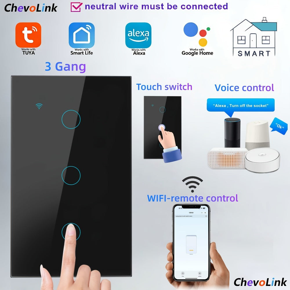 Black Tempered Glass WiFi Smart Light Switch 1/2/3/4 Gang – US Standard, Works with Alexa & Google Home, Tuya App, Smart Scenes, Timer, Voice & App Control, Neutral Wire Required, 100-240V
