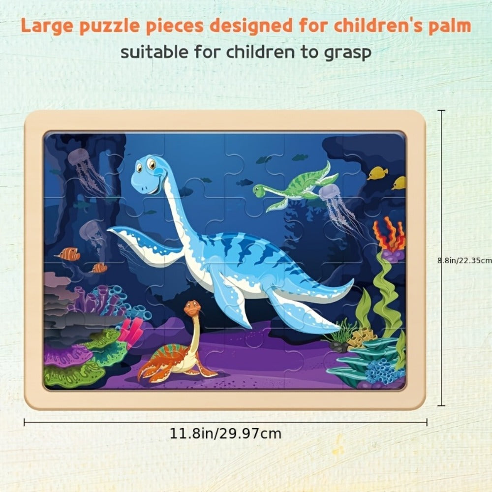 Dinosaur Wooden Jigsaw Puzzle Set for Kids, 4 Puzzles with 24 Pieces Each