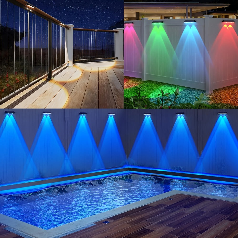 Solar Fence Wall Lights Multicolor LED 9 Modes - Smart Dusk to Dawn Sensor Auto On Off Convex Lens Waterproof for Garden Yard Patio Deck Porch Holiday Christmas Halloween Decoration 4 or 8 Pack