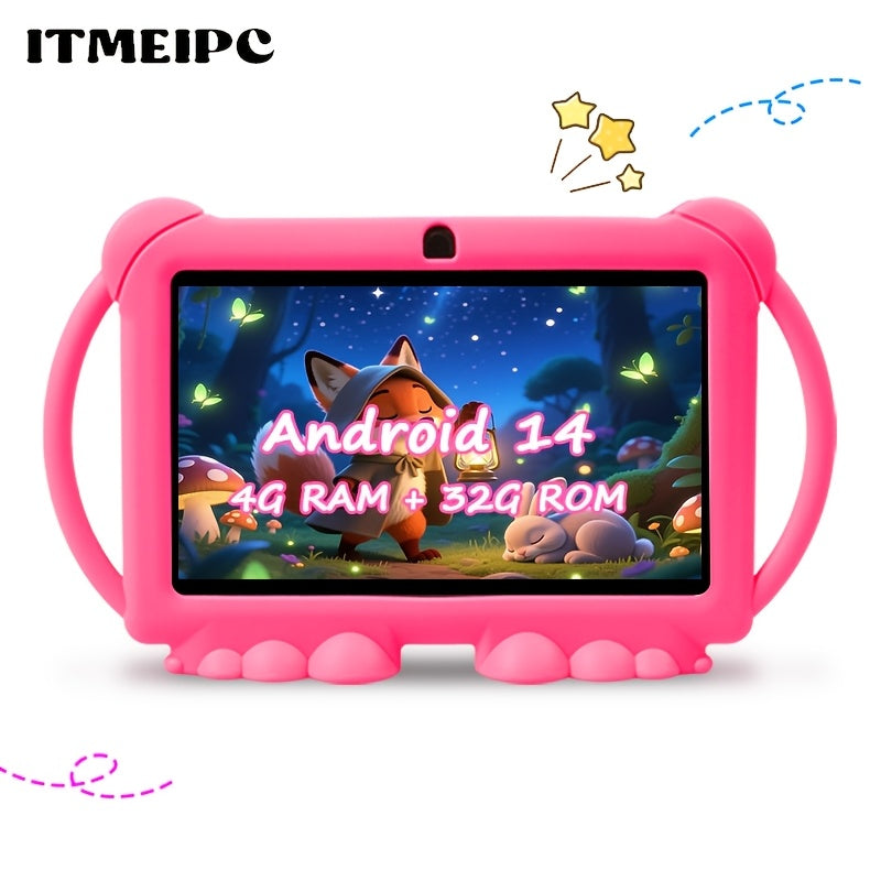 Kids Tablet 7 Inch Android 14, Shockproof Protective Case 4GB RAM 32GB ROM, Parental Mode WiFi 6 Dual Camera, IPS HD Display Quad-Core Mali T820 USB OTG, Children Learning & Entertainment Tablet – Blue Pink