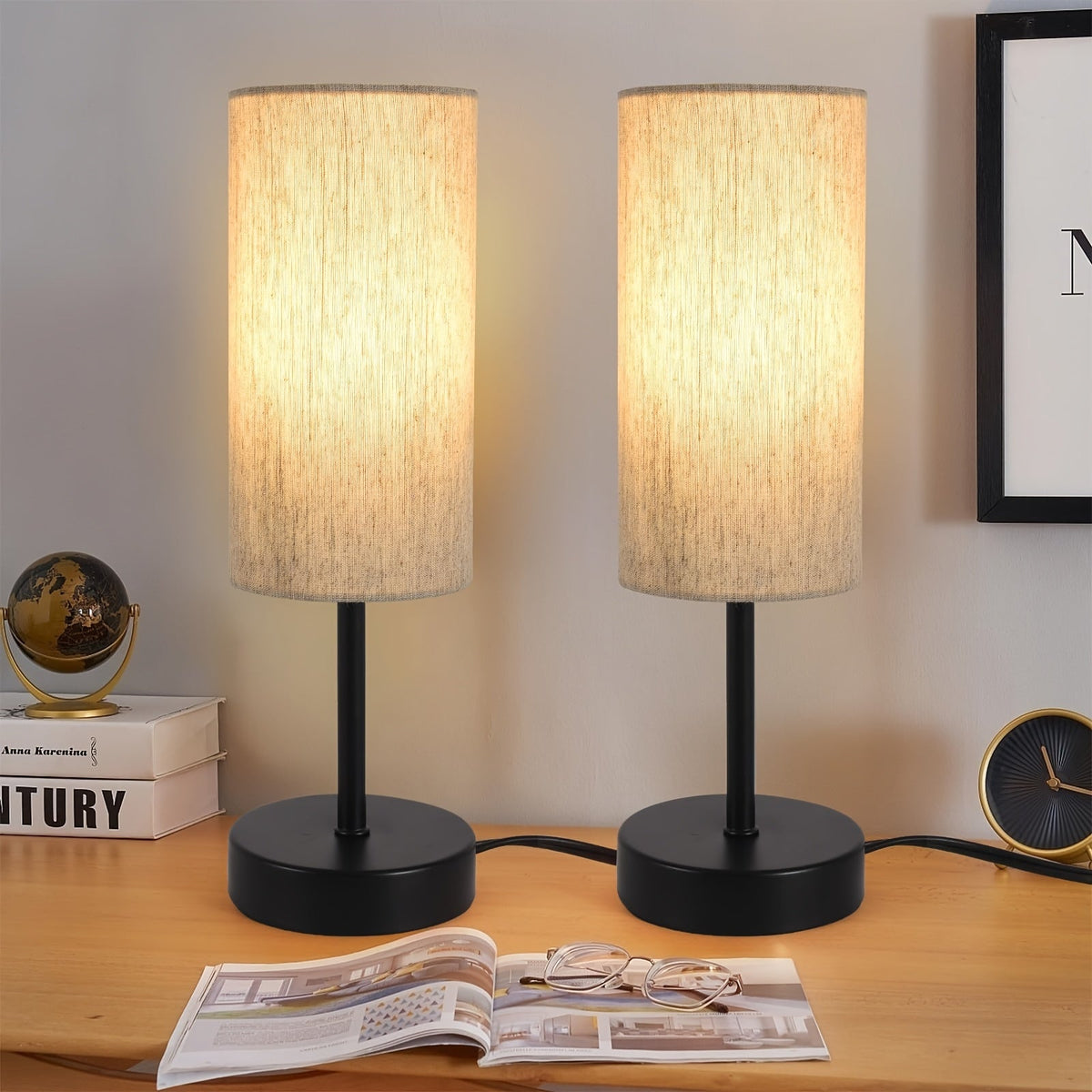 Small Bedside Table Lamp Set of 2 – Linen Shade Nightstand Lamp with Cord Switch, 5W LED Bulb Included, Compact Desk Light for Bedroom Living Room Children's Room Office Dorm (Black / Beige Black)