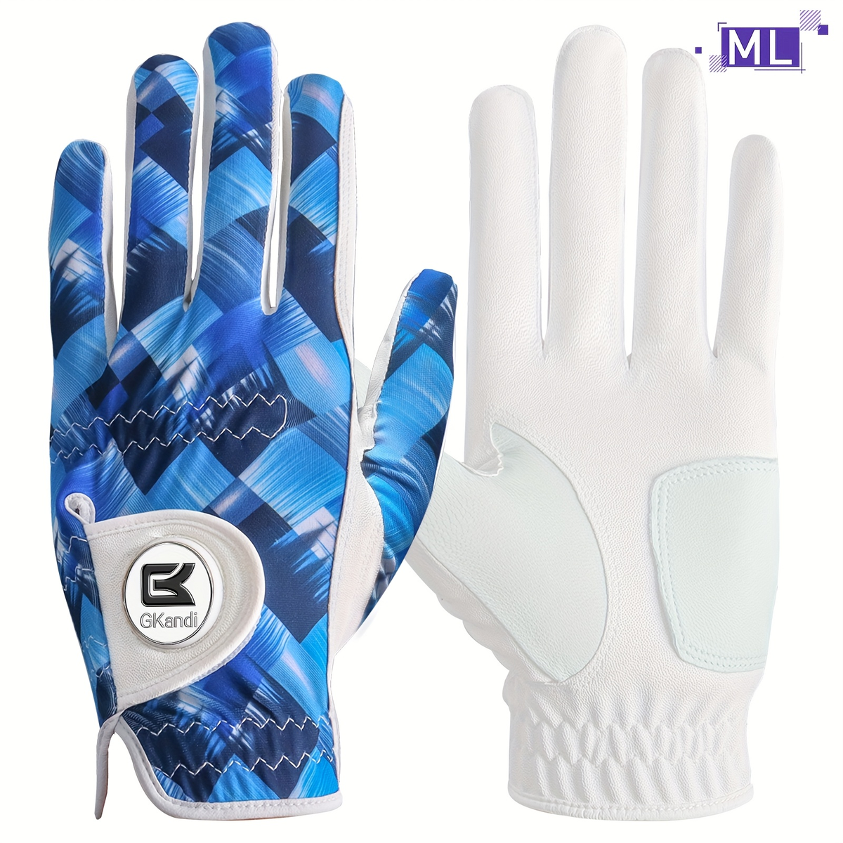 Men's Golf Glove Left Hand with Ball Marker - Breathable All Weather Grip, Hook & Loop Closure, Sizes S M ML L XL, USA Flag, Blue & White, Stylish Polyester Golf Gloves for Men Golfers, Confident Swing Every Round
