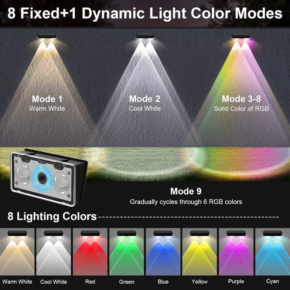 Solar Fence Wall Lights Multicolor LED 9 Modes - Smart Dusk to Dawn Sensor Auto On Off Convex Lens Waterproof for Garden Yard Patio Deck Porch Holiday Christmas Halloween Decoration 4 or 8 Pack