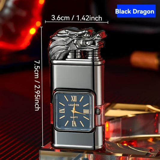 Double Flame Torch Lighter with Zinc Alloy Body and Decorative Quartz Dial, Black in 3 Styles