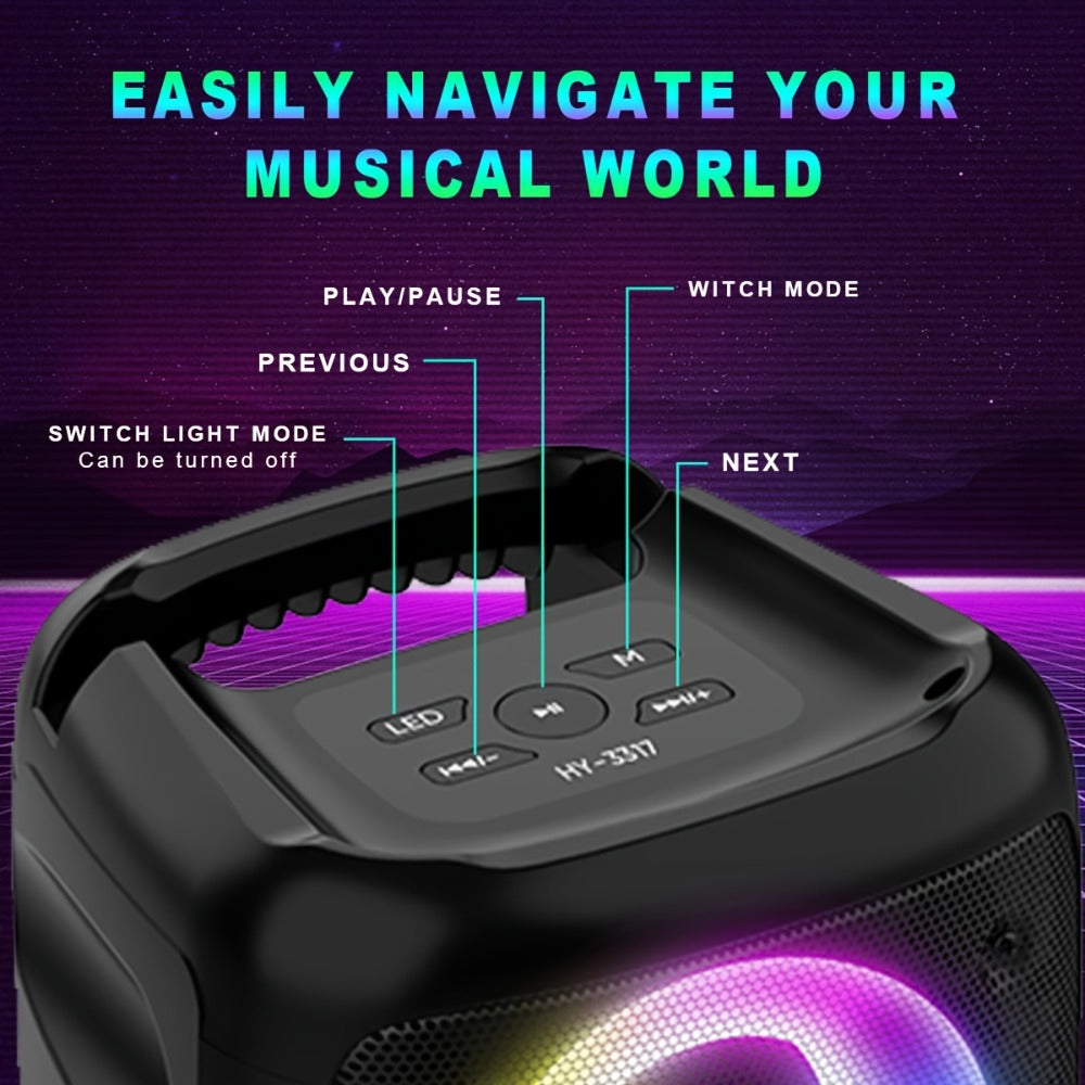 Wireless Portable Bluetooth Subwoofer Speaker with Microphone & LED Colorful Ambient Lights, Stereo Sound Enhanced Bass, USB-C Rechargeable, Perfect for Birthday Parties Outdoor Camping