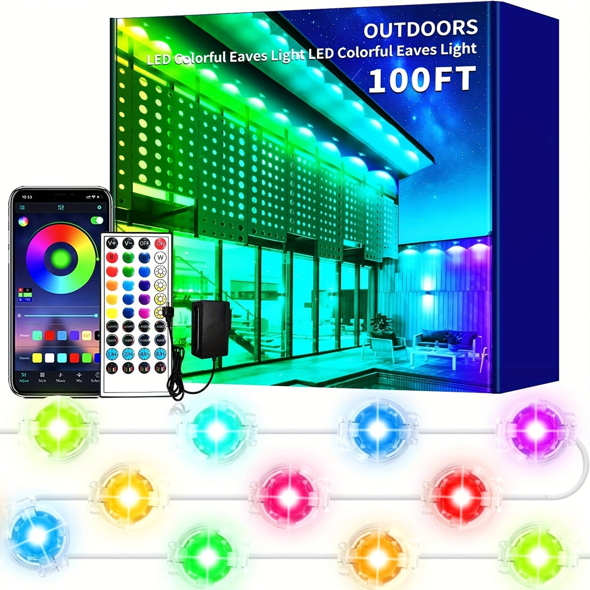 Permanent Eave Lights RGB Outdoor 200FT - Music Sync, Scene Modes, App Controlled Under Eave LED Lighting for House Exterior, Roofline, Garden, Holiday & Party Decor (60FT / 100FT / 150FT / 200FT)
