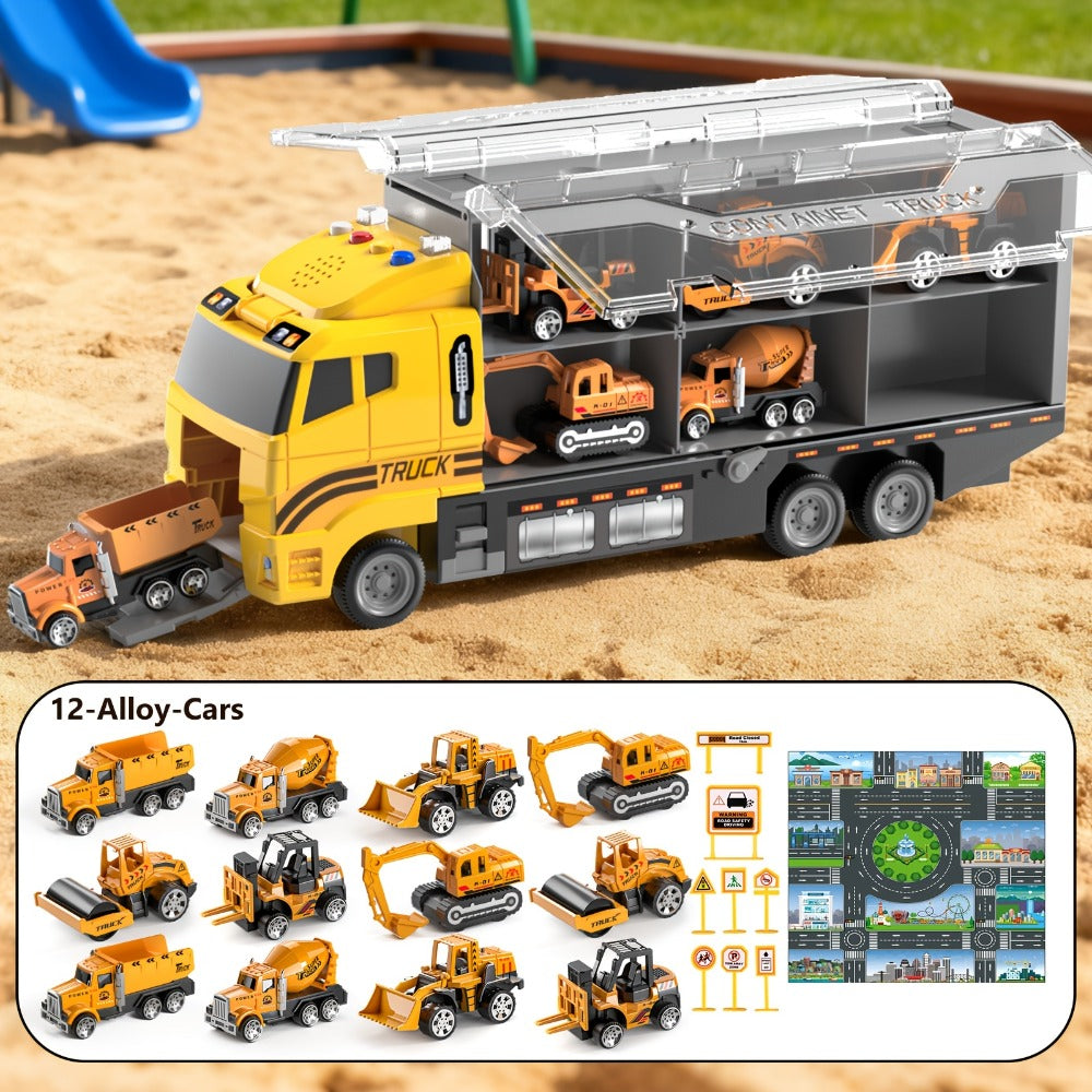 Construction Truck Toy Set, 13-in-1 Carrier with Die-Cast Vehicles and Play Mat