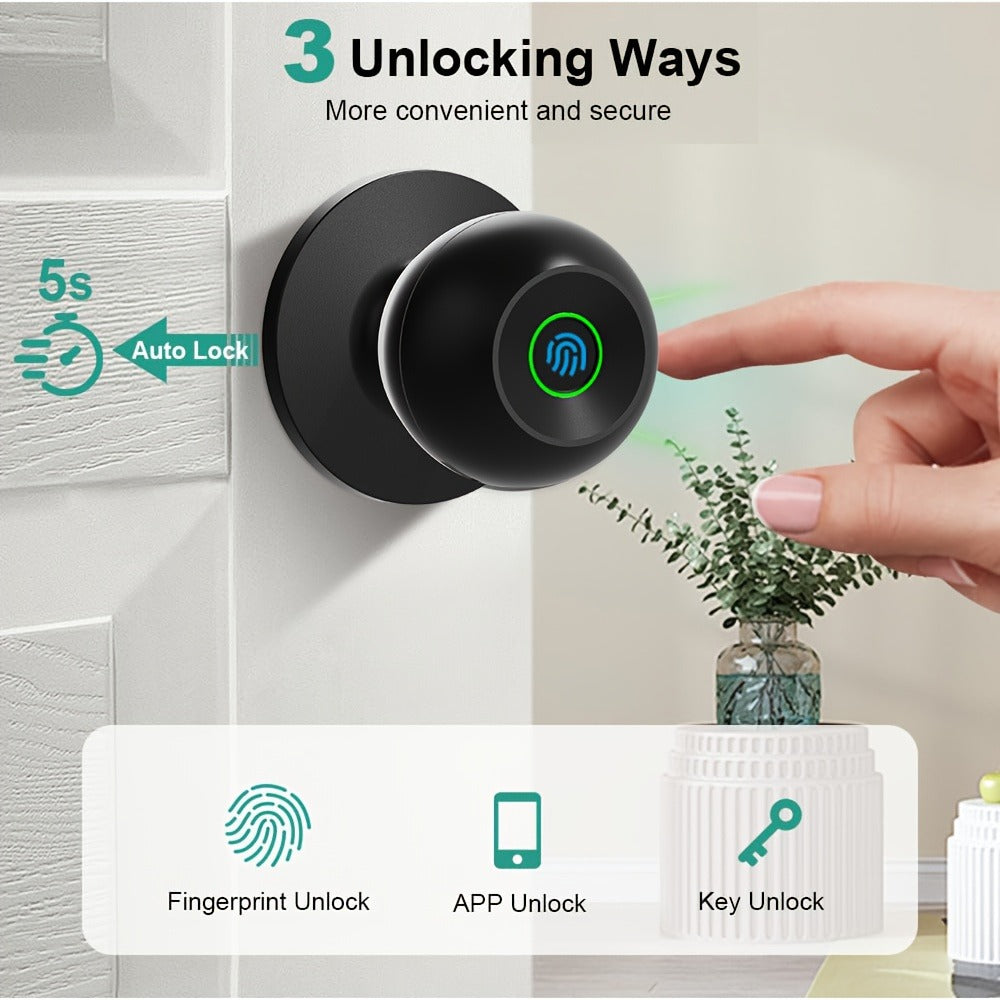 K10 Rechargeable Smart Door Knob with Fingerprint & App Control - 3-in-1 Keyless Entry, Entrance/Passage/Privacy Mode, Built-In Lithium Battery, No Battery Replacement, Matte Black & Brushed Nickel