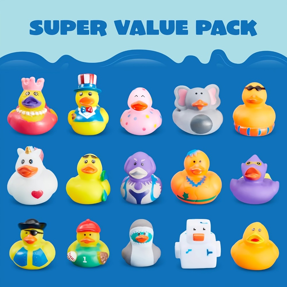 30 Pack Mini Rubber Ducks Assorted with Mesh Bag – 2" Floating Bath Toys for Kids, Variety Zoo Animal Unicorn Pirate Designs, Baby Shower Party Favors, Birthday Gifts for Boys & Girls