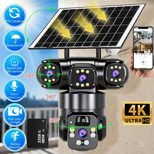 4K Solar Powered Outdoor Security Camera PTZ 360° Triple Lens Panoramic 10X Zoom 8000mAh Battery WiFi AI Human Detection Color Night Vision Two-Way Audio Driveway Farm