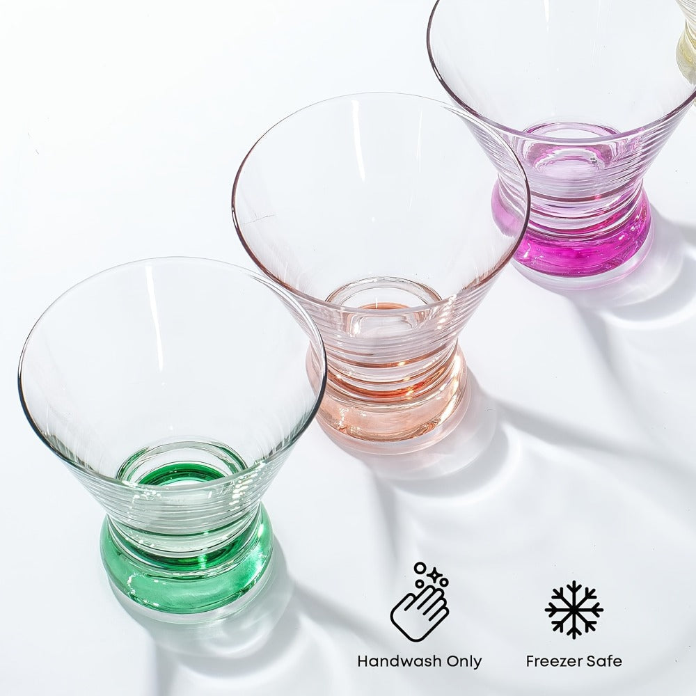 Stemless Martini Glasses Set of 6 – 8oz Colored Cocktail Glasses, Margarita Bar Dessert Glassware with Gradient Color Base, Espresso Martini Manhattan Party Glasses, Gift for Her
