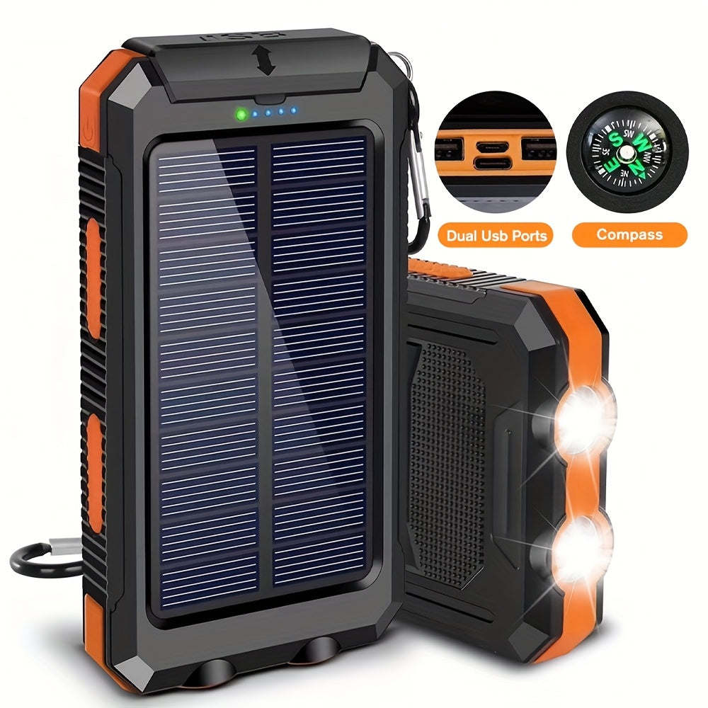 29800mAh Solar Power Bank with Compass & Dual LED Flashlight – Outdoor Camping Portable Charger, Dual USB 5V Output, SOS Emergency Battery Pack for Cell Phones & Mobile Devices, Black/Orange