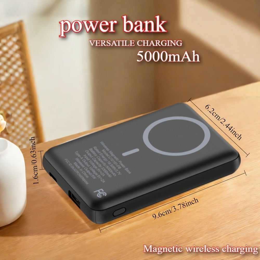 Magnetic Wireless Power Bank 5000mAh Dual Mode – 5W Wireless & 10W Wired Output, USB-C In/Out, Portable Mini Charger for iPhone 17 16 15 14 Android Samsung, Slim Pocket Travel Battery Pack