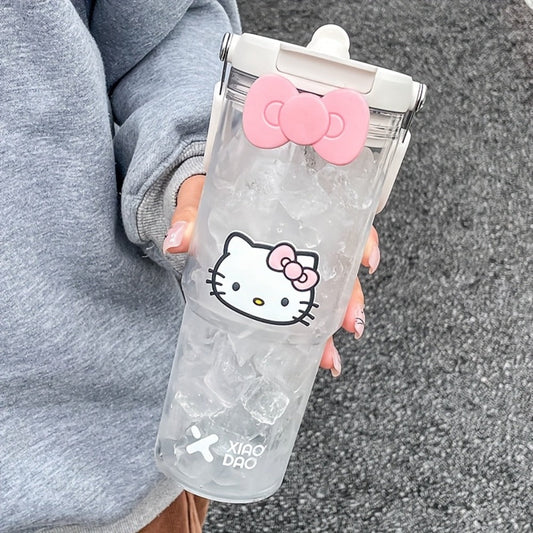 Hello Kitty Water Bottle with Straw, Decorative Bow and KT Sticker, Plastic Tumbler