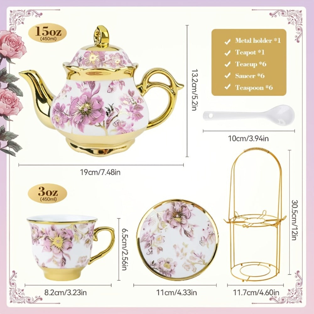 European Floral Ceramic Tea Set 20 Pcs – Italian Style Afternoon Tea Set with Metal Stand – Blooming Pattern Teapot & Cups – Elegant Gift for Tea Lovers & Special Occasions – Golden