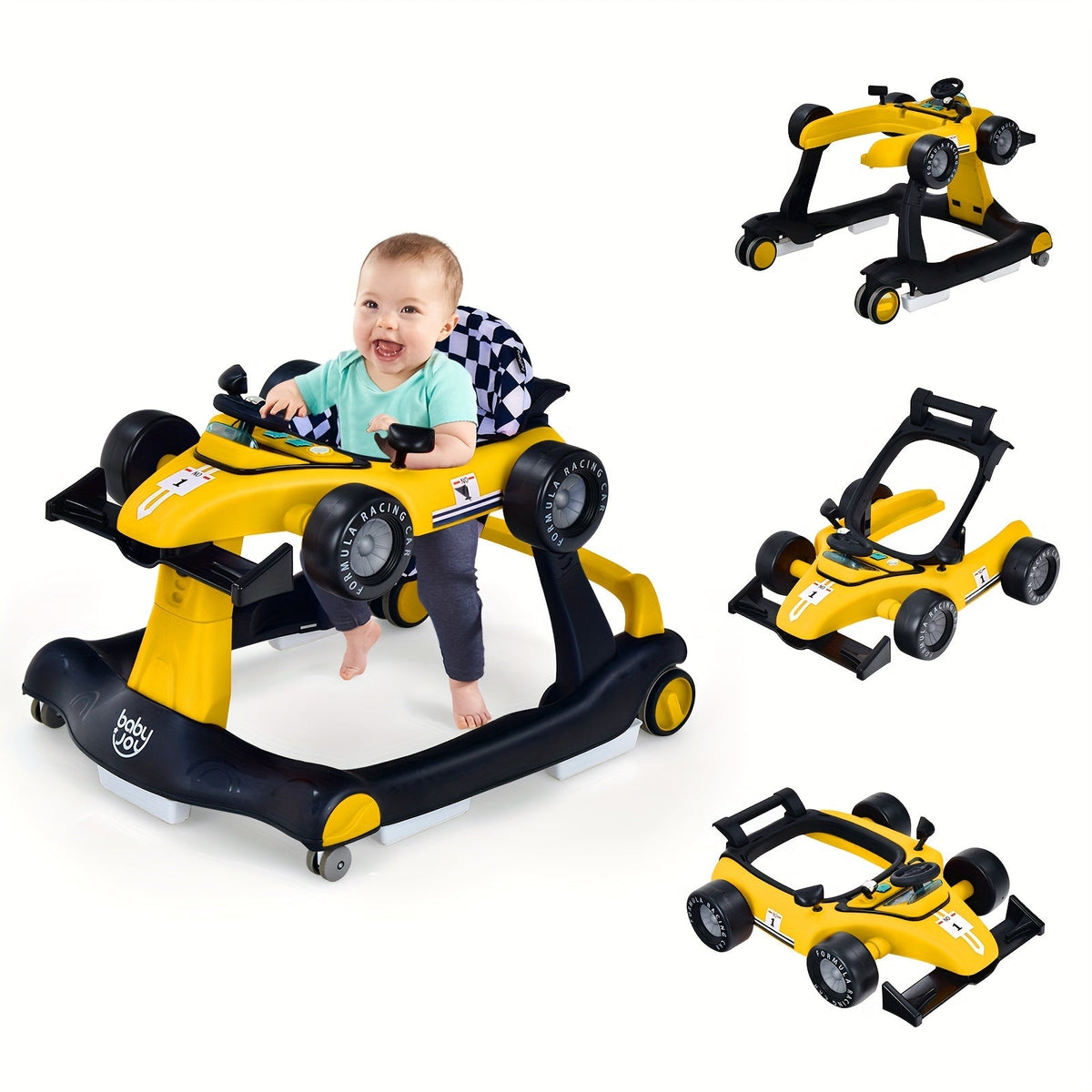 4-in-1 Foldable Baby Walker with Activity Toy Tray & Adjustable Height – Sit-to-Stand Push Walker for Infants & Toddlers, Removable Washable Seat Pad, Safe Learning Walker Baby Gift (Blue)