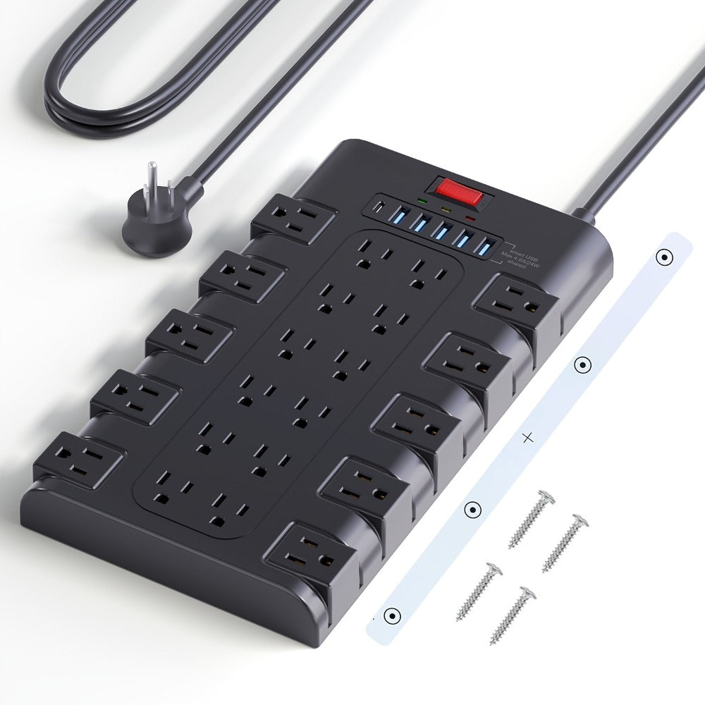 Gaming Room Surge Protector Power Strip 28-in-1 with 22 AC Outlets 6 USB Ports 24W 2100 Joules 1875W 15A Flat Plug Wall Mount Switch 5 7 13ft Extension Cord for Home Office Dorm Gaming Setup – Black