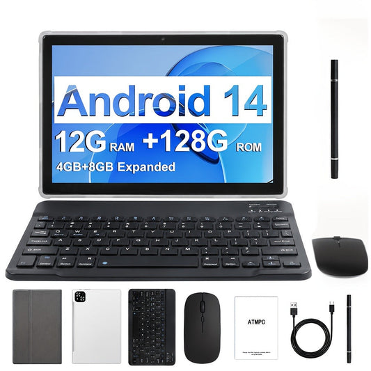 2-in-1 Tablet 10.1 Inch Android 14 12GB RAM 128GB ROM Octa-Core 5G WiFi 6 GMS Certified IPS 1280x800 Display with Keyboard Mouse Case Stylus USB OTG Dual Camera Portable Tablet PC Silver