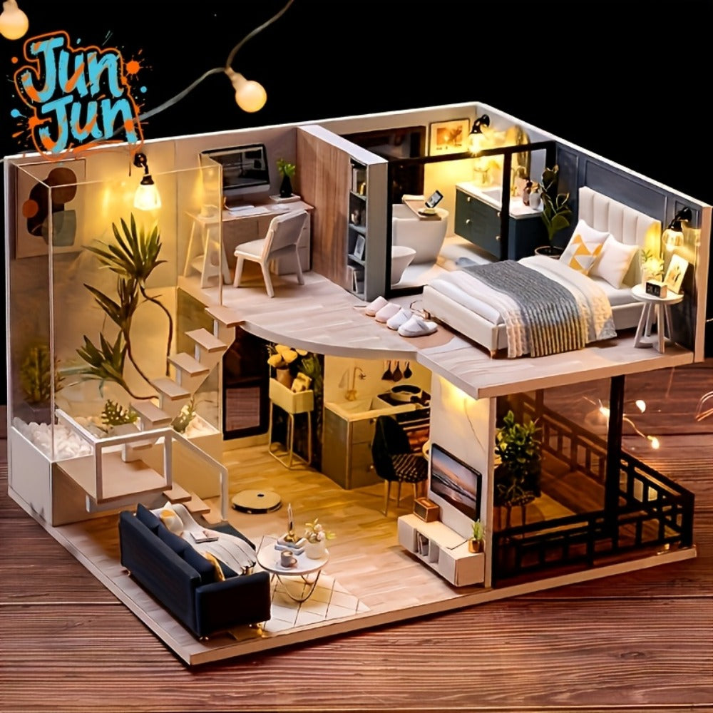 Two-Story Wooden Cottage 3D Puzzle Kit with Furniture and Tools
