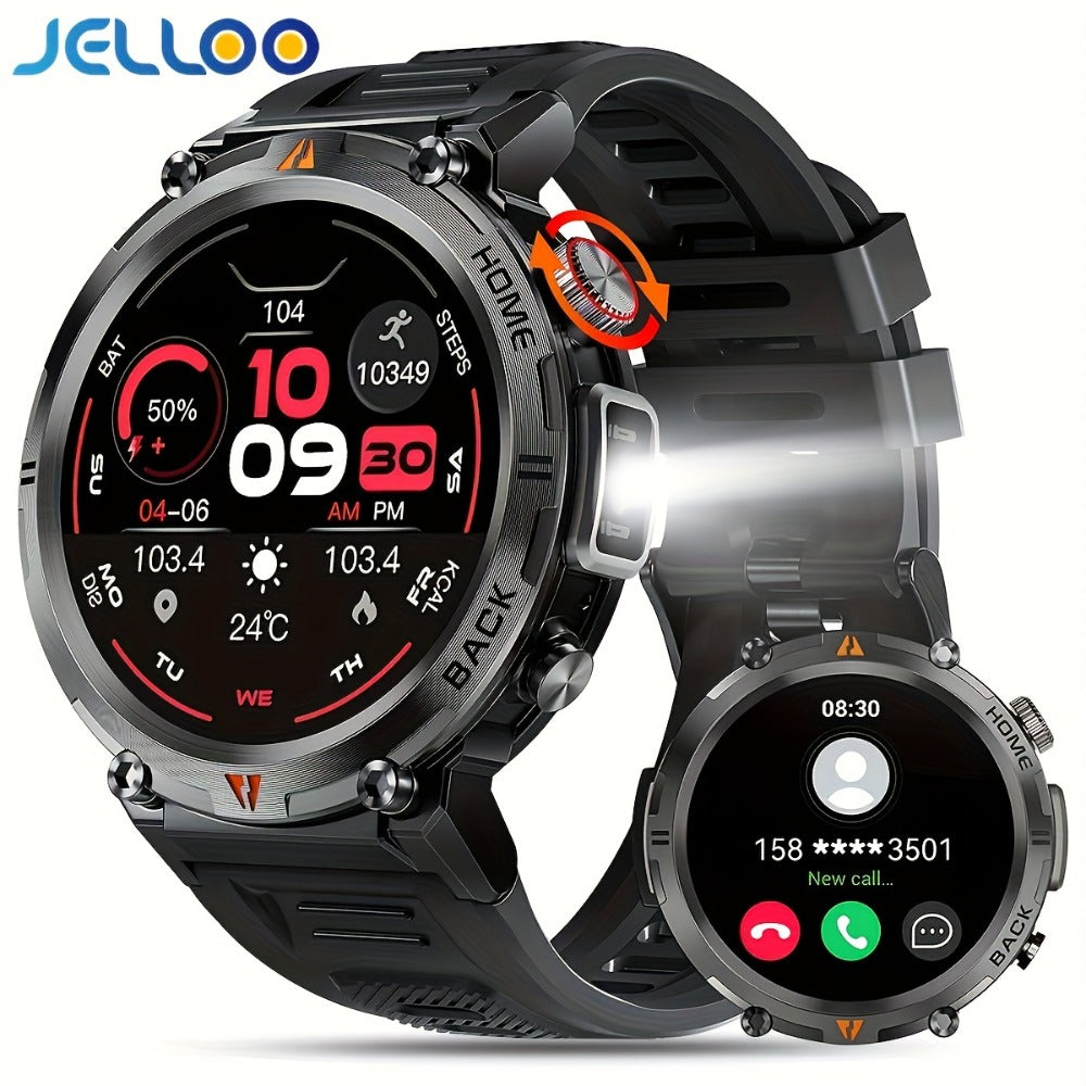 Tactical Smartwatch for Men LED Lighting 1.45 Inch 97% Screen Ratio Bluetooth 5.2 Wireless Calling Outdoor Fitness Tracker Heart Rate Blood Oxygen Sleep Pedometer iPhone Android Silicone Leather Strap Black Orange