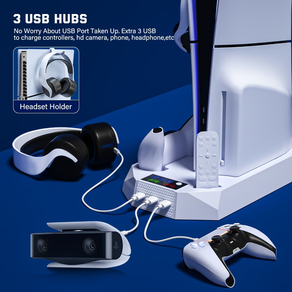 PS5 Cooling Station with Controller Charging Dock - Compatible with PS5 Slim Pro Standard Disc Digital, Dual Controller Charger Turbo Fan 3-Port USB Hub Headset Holder All-in-One PS5 Accessory