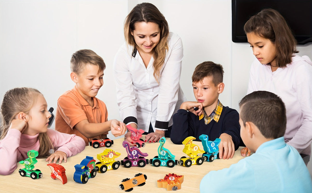 Magnetic Dinosaur Number Train – 11-Piece Wooden Train Toy with Dinosaur Engine & 10 Numbered Cars