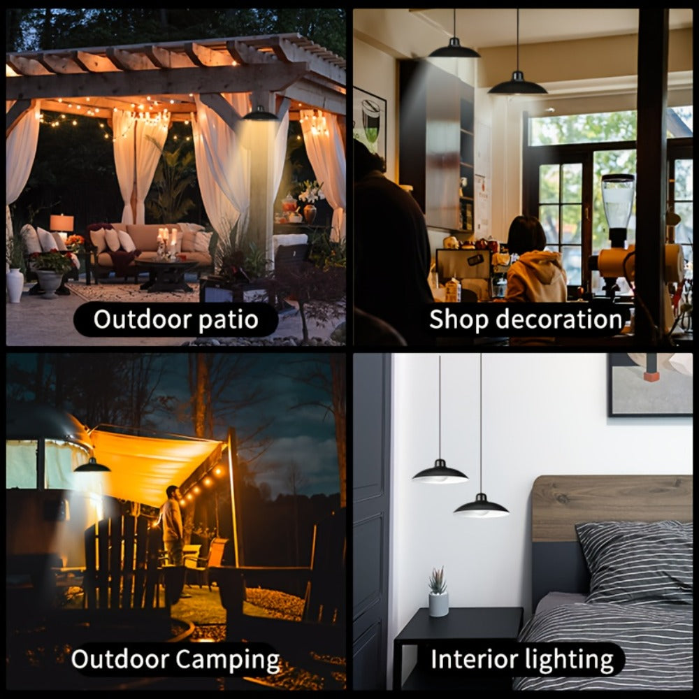 Solar Pendant Light Indoor Outdoor Hanging Light Fixture 3200mAh Rechargeable - 3 Brightness Modes Remote Control 2 LED Bulbs Warm & Cool White for Patio Gazebo Pergola Shed Garage Barn Off-Grid