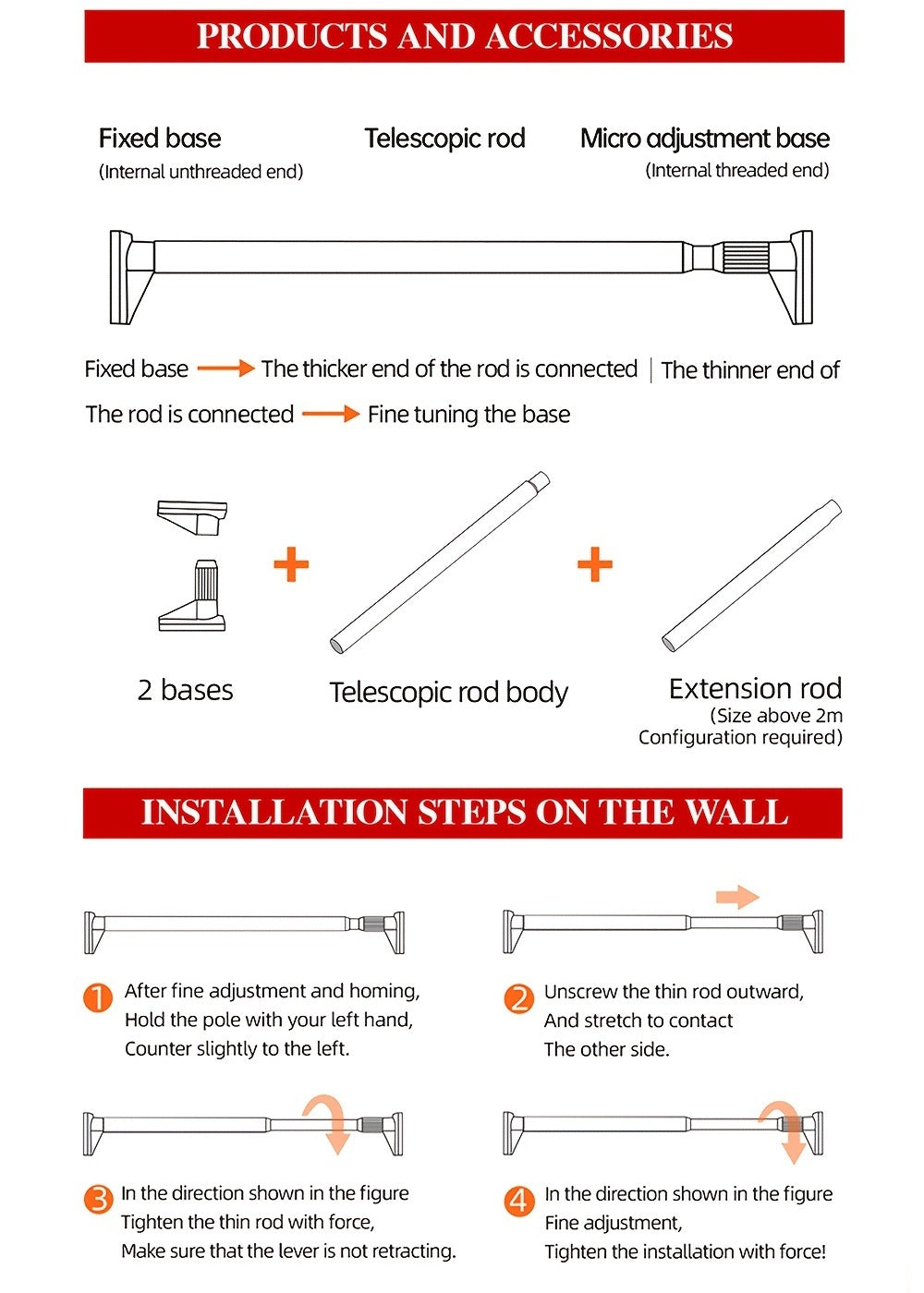 Telescopic Curtain Rod No Drill 15.75"-196.85" Adjustable Shower Curtain Rod 33mm for Large Windows