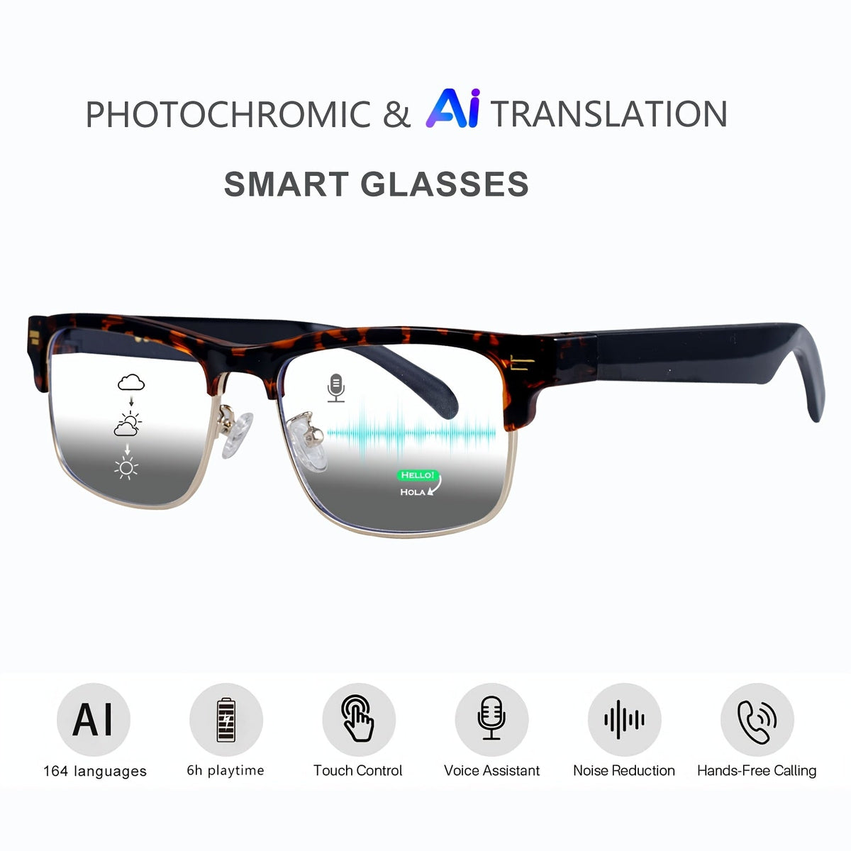 ChatGPT AI Translation Glasses with 160-Language Real-Time Translation, Photochromic Lenses, HiFi Audio & HD Calls – 19 Frame Styles, Unisex Smart Eyewear for Travel & Business
