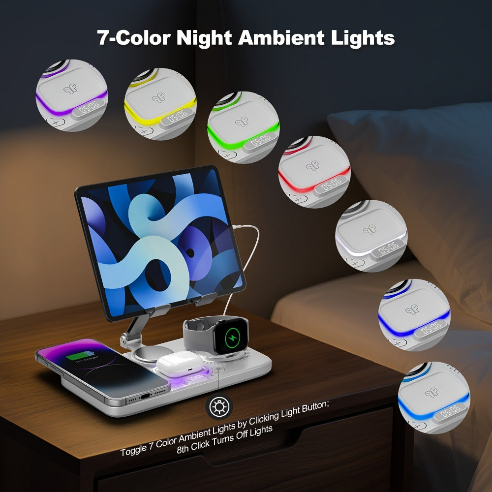 6-in-1 Wireless Charging Station with Clock Display & Atmosphere Light 15W Fast Charger Dock – Tablet Stand, Charges 4 Devices at Once | iPhone 17/16/15/14/13/12, Apple Watch, AirPods | Black & White