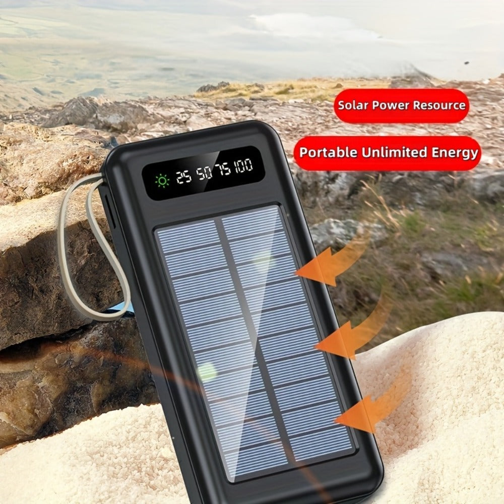 Solar Power Bank with Built-in 4 Cables LED Flashlight 15W Fast Charging Digital Display Dual USB USB-C Portable Charger 10000mAh 20000mAh 30000mAh for iPhone Android Camping Hiking
