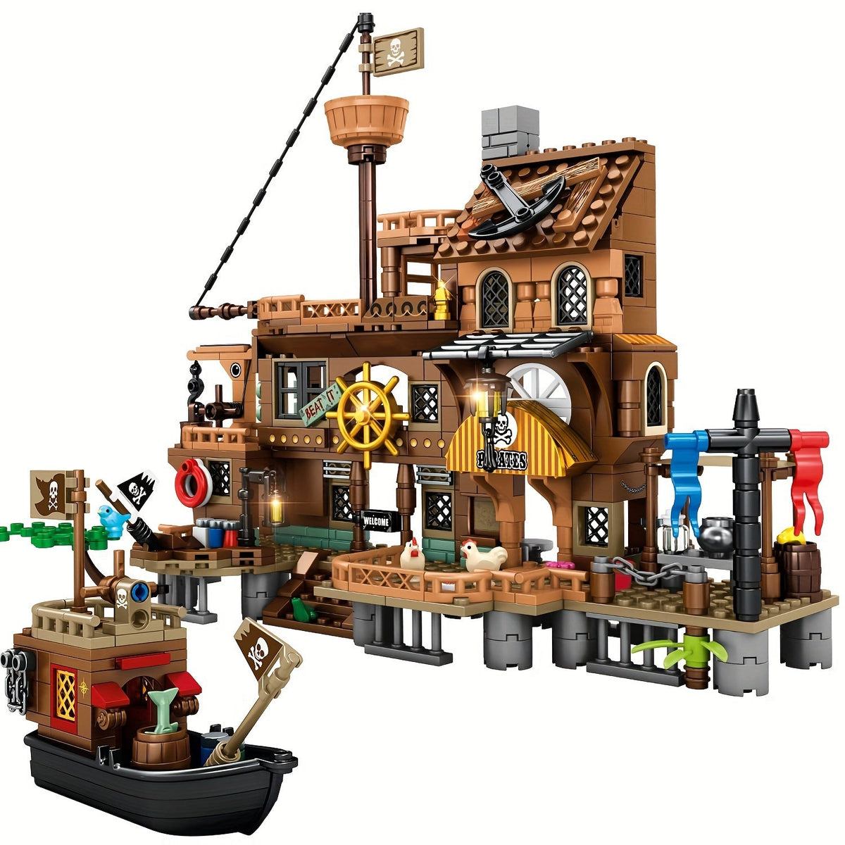 Pirate Ship Building Blocks Set, 573 Pieces Pirate's Wharf Supply Center for Ages 8+