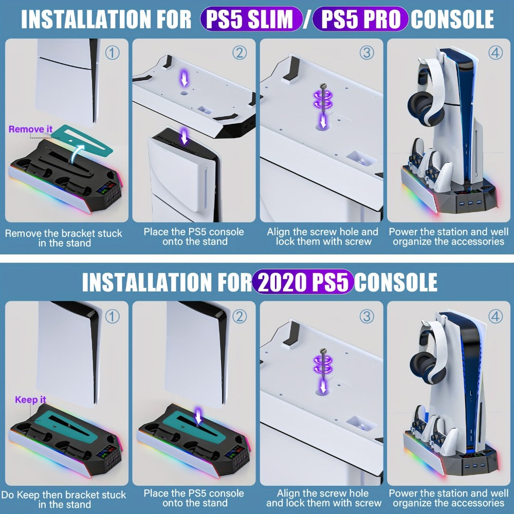 Headset Holder PS5 Cooling Stand with RGB Light, 3-Level Fan, Controller Charger & 3 USB Ports – Compatible with PS5 / PS5 Slim / PS5 Pro Disc & Digital Edition Console