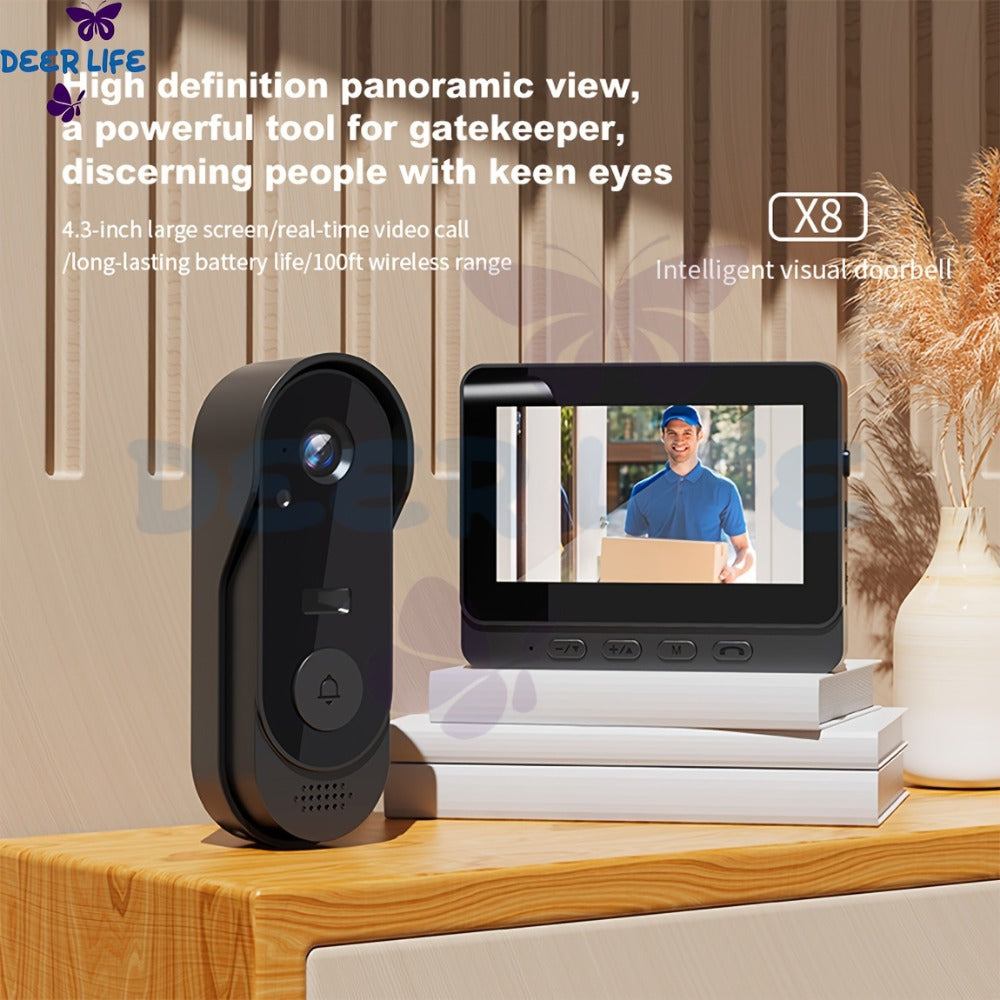 Wireless Doorbell with Monitor No WiFi No Subscription – 4.3" Screen, Two-Way Talk, Night Vision, 365-Day Standby, IP66 Waterproof, 128GB Auto Recording, No App No Monthly Fee