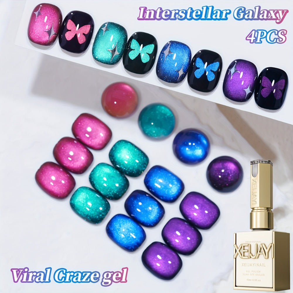 Cat Eye Gel Polish Set 4 Colors – Interstellar Galaxy Series Magnetic Nail Polish with Dazzling Shimmer Luster, UV LED Soak-Off Gel for Salon Nail Art & Home Manicure Gift for Women