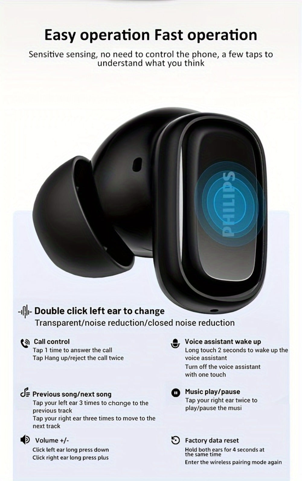 Philips TAT2569 Noise Cancelling Wireless Earbuds Touch Control USB-C Fast Charging 5H Playtime True Wireless Headphones Compatible iOS Android Black Blue White